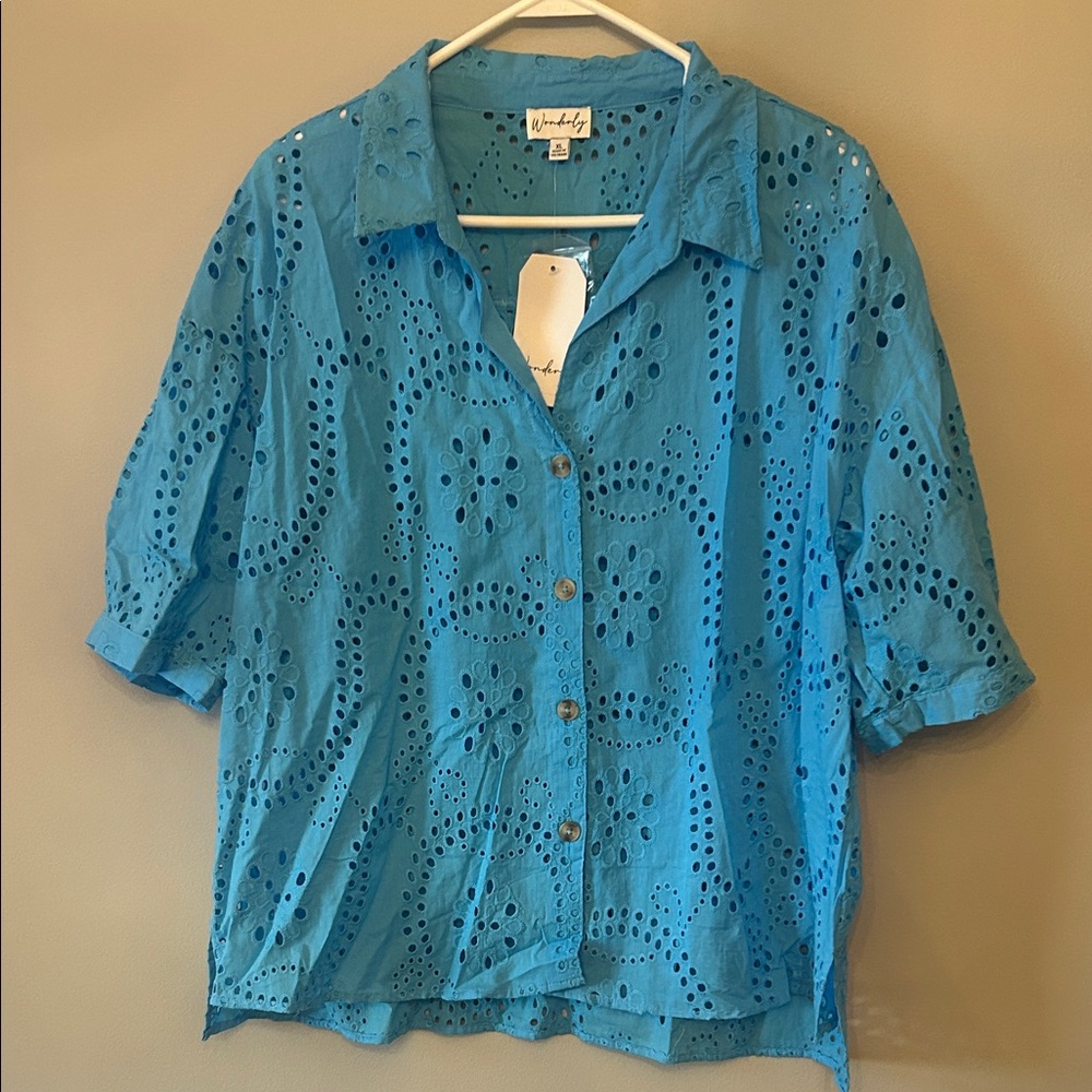 Wonderly Turquoise Eyelet Button-Down Short Sleeve Shirt, Size XL